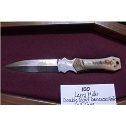 Larry Miller Double Edged Damascus Knife- Full Tang- Big Horn Sheep Handle- Coffin Shaped Walnut Box