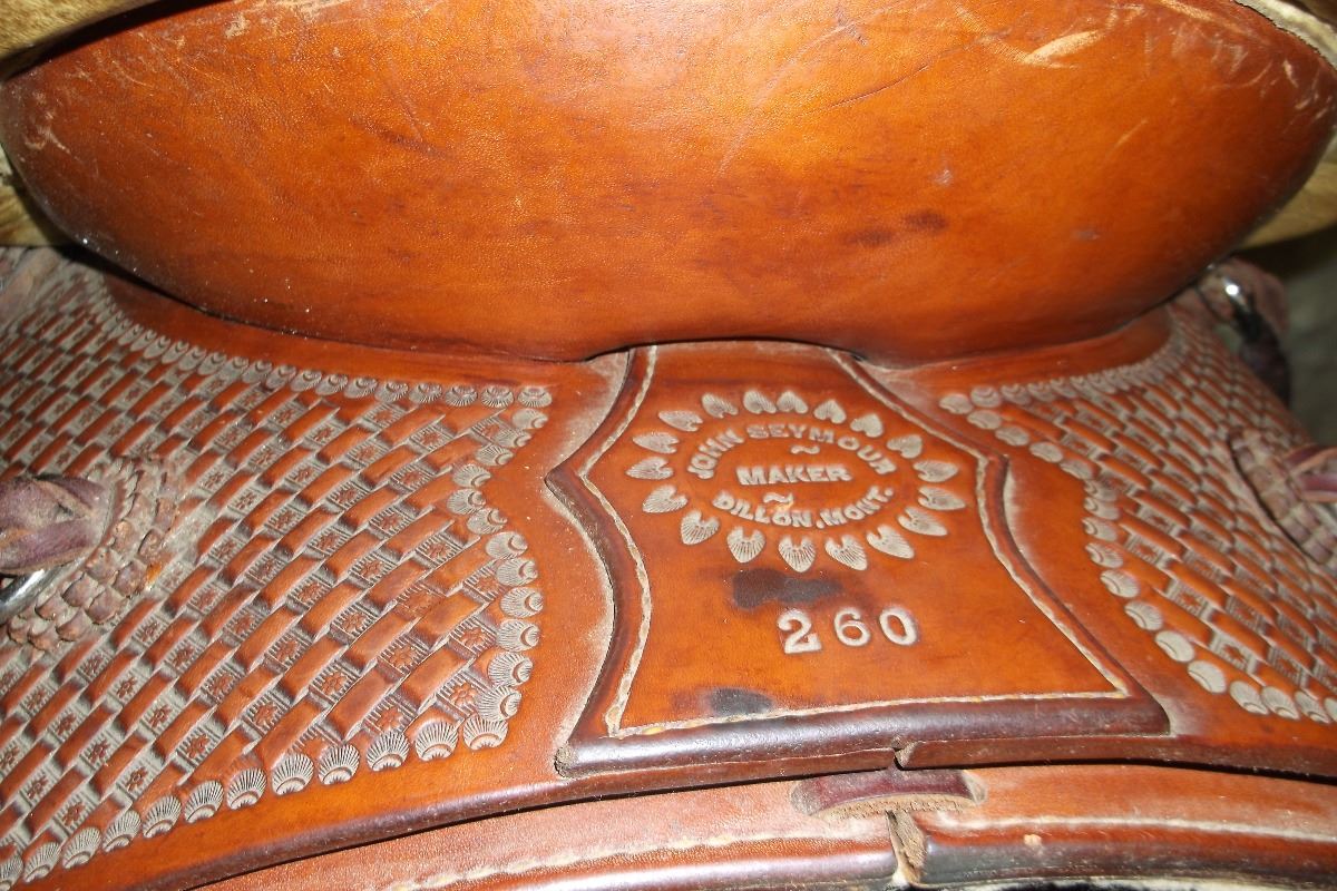 John Seymour Dillon, MT. Saddle 16" Seat Mule Hide Wrapped Post Horn
