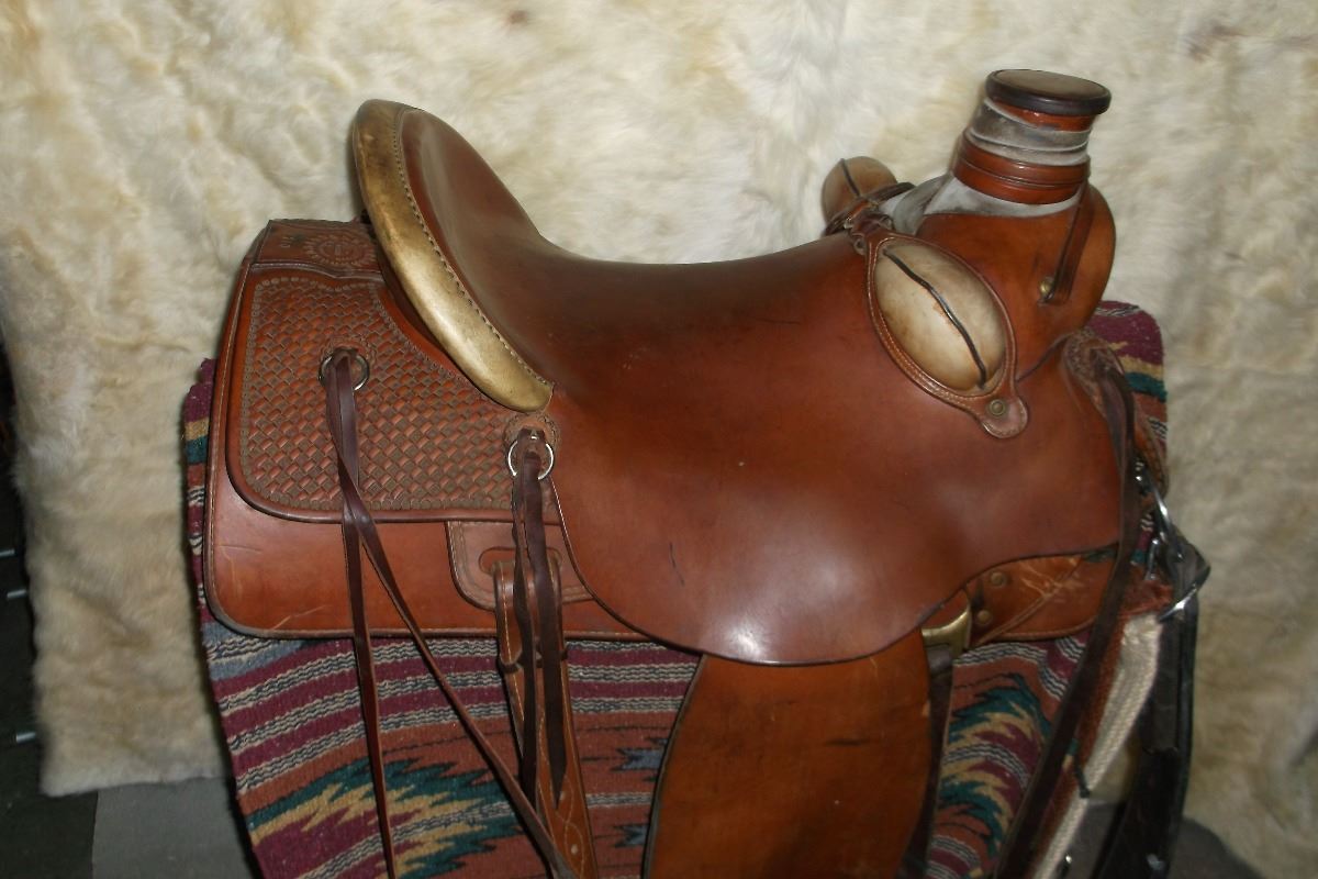 John Seymour Dillon, MT. Saddle 16" Seat Mule Hide Wrapped Post Horn