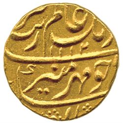 MUGHAL: Aurangzeb, 1658-1707, AV mohur (10.96g), Haidarabad, AH1112 year 45. EF