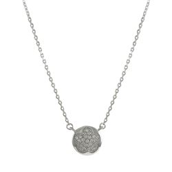 CZ Pave Flower In 10Mm Round Circle, Rhodium Plated Sterling Silver Necklace, 16" 2"