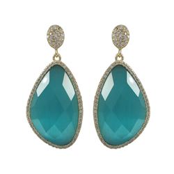 Aqua Semi Precious Stone On Gold Plated Sterling Silver CZ Post Earrings, 1.5