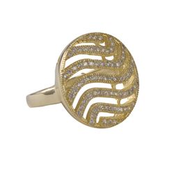 Gold Over Sterling Silver Ring, 20Mm Circle With Wave Design Covered In White Czs, Size 8