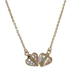 Pink & White Double Filagree Heart, Gold Tone  Brass Necklace