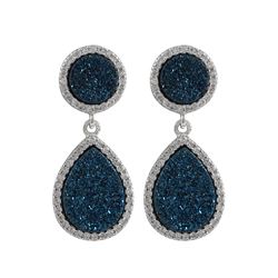 Rhodium Plated Sterling Silver, 11Mm Round Circle And 13.5X17.5Mm Teardrop, Blue Druzy Natural Stone