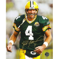 Brett Favre Signed Green Bay Packers 8X10 Photo (50 Years Lambeau Field Patch-Green Jersey-Gold Sig)