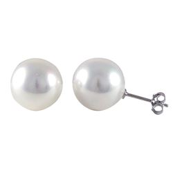 White 12Mm Shiny Shell Pearl On Rhodium Plated Sterling Silver Post Stud Earrings