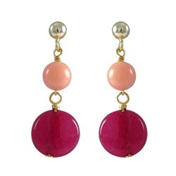 Coral 6Mm Round Ball And Fuschia 10Mm Round Flat Semi Precious Stones Dangling, On Gold Plated Sterl