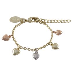 Tri Color Brass Flat Heart Charms On Gold Plated Brass Chain Bracelet, 4