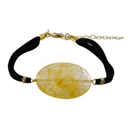 Citrine Semi Precious Stone On Black Suede Chain Bracelet, 7" 1"