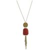 Orange Semi Precious Stone And 1.25" Round Gold Coin Tassel Necklace On Gold Plated Brass Chain, 30"