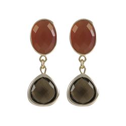 Carnelian And Smoky Semi Precious Stones, Gold Plated Stelring Silver Post Earrings, 1.3&Quot;