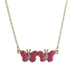 Hot Pink & White Enamel Double Butterfly, Gold Tone Brass Necklace