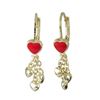 Image 1 : Red Enamel Heart On Gold Plated Brass Lever Back Earrings, 3 Small Gold Hearts Dangling, 1.22"