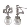 Image 1 : White 10Mm Shell Pearl Dangling, Rhodium Plated Sterling Silver CZ Post Clip Earrings, 1.04&Quot;