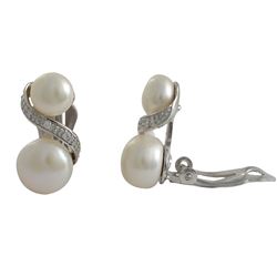 Sterling Silver-White Double Pearl CZ Clip On Earrings-0.91"