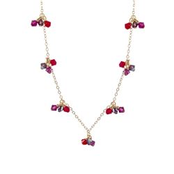 Red Multi Crystal Beads Dangling On Gold Filled Chain Necklace, 15" 1"