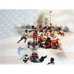 Mike Eruzione Signed 1980 Team USA Olympic Hockey 16X20 Photo Team W/ Flag Miracle On Ice Vs Soviet 