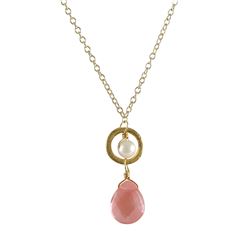 Hot Pink Semi Precious Stones Combination On Gold Plated Brass Donut Ring Necklace, 16&Quot; 2&Quot;