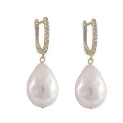 White 14X18mm Shell Pearl, On Gold Plated Sterling Silver CZ Lever Back Earrings, 1.36"