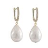 Image 1 : White 14X18mm Shell Pearl, On Gold Plated Sterling Silver CZ Lever Back Earrings, 1.36"