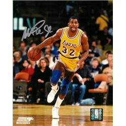 Magic Johnson Signed Los Angeles Lakers 8X10 Photo (Yellow Jersey Dribble-Silver Sig)