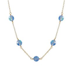 7Mm Blue AB Preciosa Beads On Gold Plated Brass Chain Necklace, 15