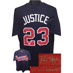 Dave Justice Signed Atlanta Braves Navy Prostyle Jersey 95 WS Champs XL- JSA Hologram