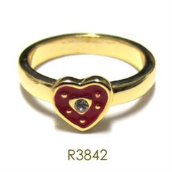 Red Enamel Heart, Gold Tone Brass Ring, Size 2