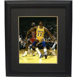 Magic Johnson Signed Los Angeles Lakers 8X10 Photo Custom Framed (Yellow Jersey Block Out Rebound Ve