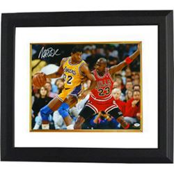 Magic Johnson Signed Los Angeles Lakers 16X20 Photo Custom Framed (Yellow Jersey Post Up Horizontal 