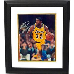 Magic Johnson Signed Los Angeles Lakers 16X20 Photo Custom Framed (Yellow Jersey Vertical Close Up)