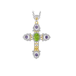 TT STERLING SILVER GOLDPLATED PERIDOT / AMETHYST / WHITE TOPAZ CROSS PENDANT (#8024MUL)