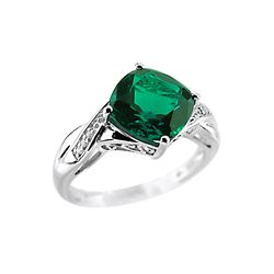 SILVER CREATED EMERALD / DIAMOND RING - Size 7 (#8505CR-E)