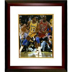 Magic Johnson Signed Los Angeles Lakers 8X10 Photo Custom Framed  (Yellow Jersey Post Up Dribble Ver