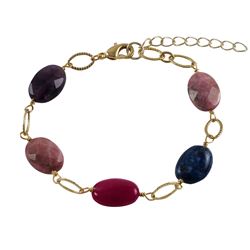 Rhodonite(Pink) Combination Of Semi Precious Stones On Gold Tone Brass Bracelet- 6.5" 1"
