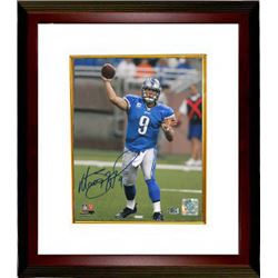 Matthew Stafford Signed Detroit Lions 8X10 Photo Custom Framed (Blue Jersey Passing)- Stafford Holog