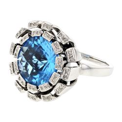 Blue Topaz Flower Ring With Diamonds In 14K White Gold | 268364