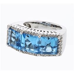 Prong-Set Blue Topaz Ring With Diamonds In 14K White Gold | 282988