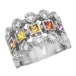 3-Row Rainbow Sapphire & Diamonds Ring In 14K White Gold | 278617