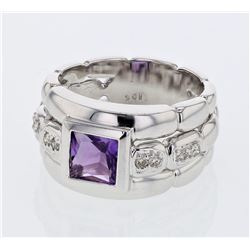 Princess Amethyst Antique Diamond Cocktail Ring In 14K White Gold | 274021