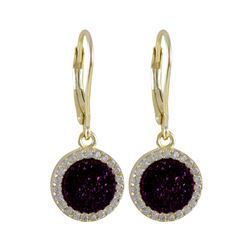 Gold Plated Sterling Silver, 11Mm Round Circle, Wine 8Mm Druzy Natural Stone With CZ Border, Lever B