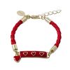 Image 1 : Red Enamel Bar With Red Hearts, Red Cord Gold Plated Brass Bracelet, 5" 1"