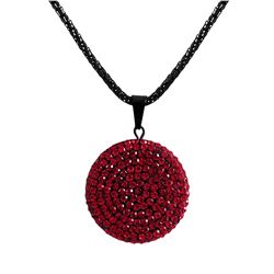 Black Clay Flat 25Mm Circle Pendant Covered With Red Crystals On Black Steel Chain 16