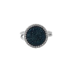 Rhodium Plated Sterling Silver, 15Mm Round Circle, 12Mm Blue Druzy Natural Stone With CZ Border, Adj