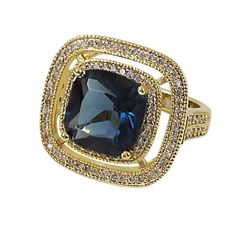 Midnight Blue Square Crystal Surrounded With A Double Row Of White Czs, Gold Tone Brass Ring Size 9