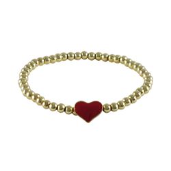 Gold Plated Brass Ball Stretch Bracelet With Red Enamel 7X9mm Heart- 5