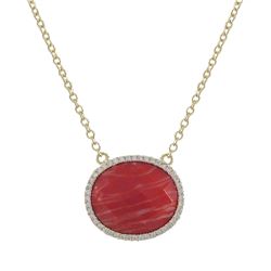 Coral 15X18mm Semi Precious Oval Stone, Set In Gold Tone Sterling Silver With CZ, Necklace- 16