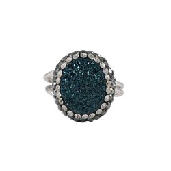 Blue Druzy Natural Stone, Surrounded With Black And White Czech Crystals, Rhodium Plated Sterling Si