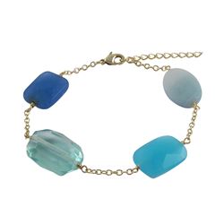 Aqua And Blue Chalcedony Combination Semi Precious Faceted Chunky Stones On Gold Plated Brass Chain 